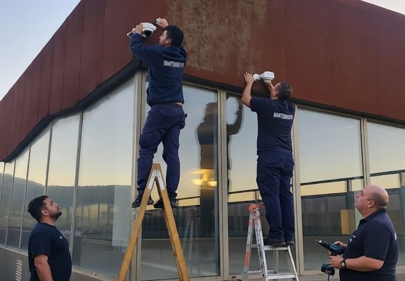 operarios arreglando fachada